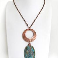 Copper Circle Pendant Necklace with Brown Blue Aqua Jasper Stone - Earthy Modern Chic Handmade One of a Kind Natural Stone Jewelry