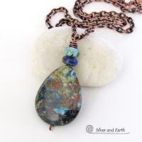 Azurite Malachite Stone Pendant Necklace - Natural Semiprecious Stone Jewelry