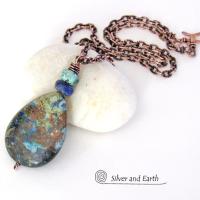 Azurite Malachite Stone Pendant Necklace - Natural Semiprecious Stone Jewelry