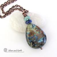 Azurite Malachite Stone Pendant Necklace - Natural Semiprecious Stone Jewelry