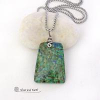 Azurite Malachite Blue Green Pendant Necklace - Modern Simplistic Gemstone Jewelry