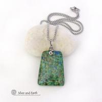 Azurite Malachite Blue Green Pendant Necklace - Modern Simplistic Gemstone Jewelry