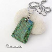 Azurite Malachite Blue Green Pendant Necklace - Modern Simplistic Gemstone Jewelry