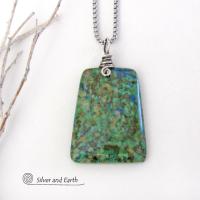 Azurite Malachite Blue Green Pendant Necklace - Modern Simplistic Gemstone Jewelry