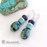 Azurite Malachite Earrings with Turquoise and Lapis - Colorful Natural Stone Jewelry