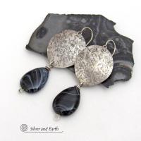 Textured Sterling Silver Earrings with Black Banded Agate Gemstones