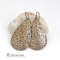 Big Bold Gold Brass Long Teardrop Earrings with Hand Stamped Texture - Artisan Handcrafted Modern Metal Jewelry