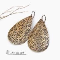 Big Bold Gold Brass Long Teardrop Earrings with Hand Stamped Texture - Artisan Handcrafted Modern Metal Jewelry