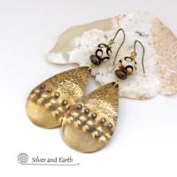 Big Bold Long Gold Brass Tribal Earrings with African Carved Bone & Brown Bronzite Stones 