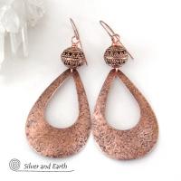 Large Hammered Copper Teardrop Earrings with Filigree Beads - Trendy Modern Statement Jewelry