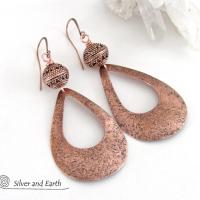 Large Hammered Copper Teardrop Earrings with Filigree Beads - Trendy Modern Statement Jewelry