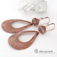 Large Hammered Copper Teardrop Earrings with Filigree Beads - Trendy Modern Statement Jewelry