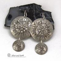 Big Round Sterling Silver Double Dangle Earrings with Rustic Organic Texture