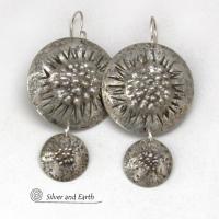 Big Round Sterling Silver Double Dangle Earrings with Rustic Organic Texture