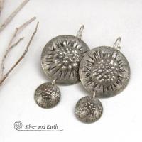 Big Round Sterling Silver Double Dangle Earrings with Rustic Organic Texture