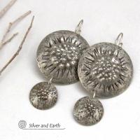 Big Round Sterling Silver Double Dangle Earrings with Rustic Organic Texture