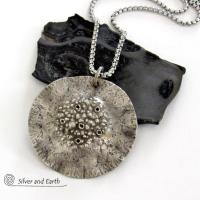 Rustic Hammered Sterling Silver Circle Pendant Necklace - Modern Earthy Organic Silver Jewelry