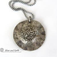 Rustic Hammered Sterling Silver Circle Pendant Necklace - Modern Earthy Organic Silver Jewelry