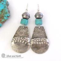 Big Bold Sterling Silver & Turquoise Earrings - Handcrafted Southwest Style Jewelry