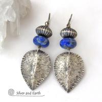 Big Bold Sterling Silver Earrings with Blue Lapis Lazuli Gemstones - Modern Southwestern Style Jewelry