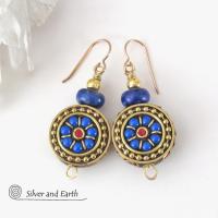 Tibetan Brass Earrings with Blue Lapis and Red Coral Inlaid Beads - Bold Exotic Bohemian Style Jewelry