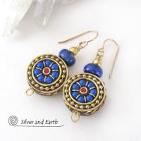 Tibetan Brass Earrings with Blue Lapis and Red Coral Inlaid Beads - Bold Exotic Bohemian Style Jewelry