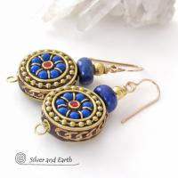 Tibetan Brass Earrings with Blue Lapis and Red Coral Inlaid Beads - Bold Exotic Bohemian Style Jewelry
