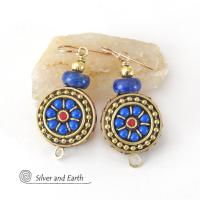 Tibetan Brass Earrings with Blue Lapis and Red Coral Inlaid Beads - Bold Exotic Bohemian Style Jewelry