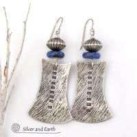 Sterling Silver Tribal Earrings with Blue Sodalite Gemstones - Bold Exotic Jewelry