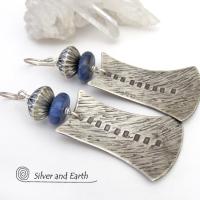 Sterling Silver Tribal Earrings with Blue Sodalite Gemstones - Bold Exotic Jewelry