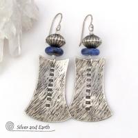 Sterling Silver Tribal Earrings with Blue Sodalite Gemstones - Bold Exotic Jewelry