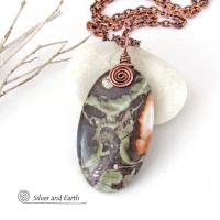 Green Rhyolite Jasper Necklace Wire Wrapped in Copper - Earthy Natural Stone Jewelry