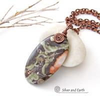 Green Rhyolite Jasper Necklace Wire Wrapped in Copper - Earthy Natural Stone Jewelry