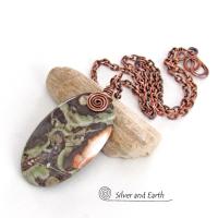 Green Rhyolite Jasper Necklace Wire Wrapped in Copper - Earthy Natural Stone Jewelry