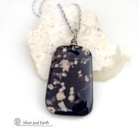 Black Cherry Blossom Agate Pendant Necklace - Unique Natural Stone Jewelry