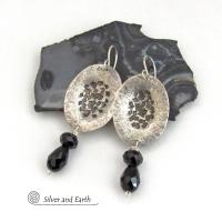 Modern Sterling Silver Earrings with Dangling Black Faceted Crystals - Elegant Dressy Handcrafted Sterling Jewelry