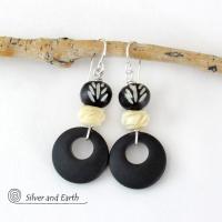 African Carved Bone Earrings with Matte Black Glass Circle Hoops - Boho Tribal Ethnic Afrocentric Style Jewelry