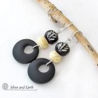 African Carved Bone Earrings with Matte Black Glass Circle Hoops - Boho Tribal Ethnic Afrocentric Style Jewelry