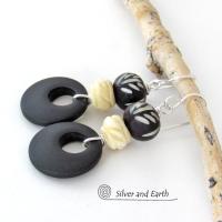 African Carved Bone Earrings with Matte Black Glass Circle Hoops - Boho Tribal Ethnic Afrocentric Style Jewelry