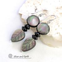 Black Lip Mother of Pearl Leaf Earrings with Black Onyx - Elegant Modern Nature Jewelry