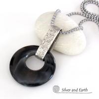 Modern Sterling Silver Necklace with Round Black Onyx Gemstone - Handmade Artisan Sterling Jewelry