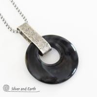 Modern Sterling Silver Necklace with Round Black Onyx Gemstone - Handmade Artisan Sterling Jewelry