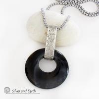 Modern Sterling Silver Necklace with Round Black Onyx Gemstone - Handmade Artisan Sterling Jewelry