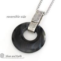 Modern Sterling Silver Necklace with Round Black Onyx Gemstone - Handmade Artisan Sterling Jewelry