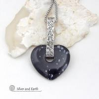 Heart Shaped Snowflake Obsidian Gemstone Sterling Silver Necklace - Anniversary / Valentine Jewelry Gifts for Women