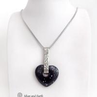 Heart Shaped Snowflake Obsidian Gemstone Sterling Silver Necklace - Anniversary / Valentine Jewelry Gifts for Women