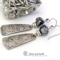 Sterling Silver Earrings with Black Web Jasper Stones - Earthy Contemporary Modern Jewelry