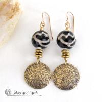 Faceted Black & White Tibetan Agate Earrings with Textured Gold Brass Dangles - Unique Modern Boho Chic Jewelry