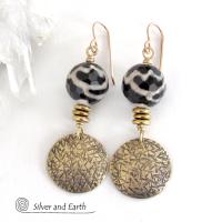 Faceted Black & White Tibetan Agate Earrings with Textured Gold Brass Dangles - Unique Modern Boho Chic Jewelry