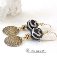 Faceted Black & White Tibetan Agate Earrings with Textured Gold Brass Dangles - Unique Modern Boho Chic Jewelry